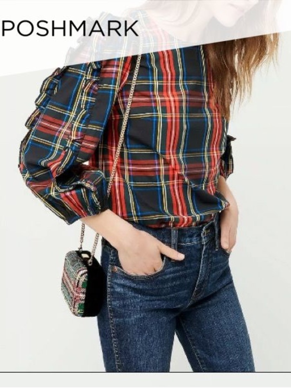 J. Crew Navy and Red Plaid Ruffle-Sleeve Blouse